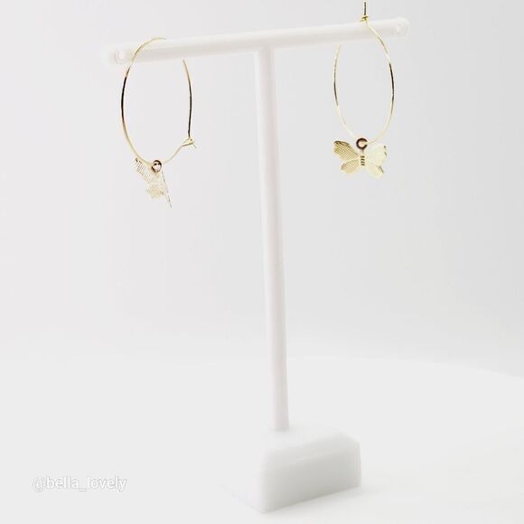 Lightweight Gold Toned Hoop Earrings with Drop Dangle Butterfly - Picture 2 of 3